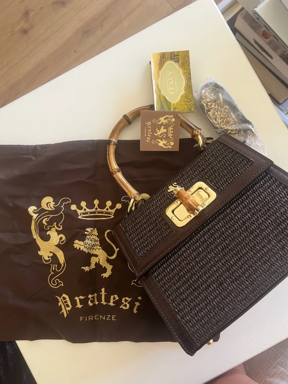 Pratesi- Made in Italy-Mini Castalia -Brown Raffia Crossbody with Bamboo Handle
